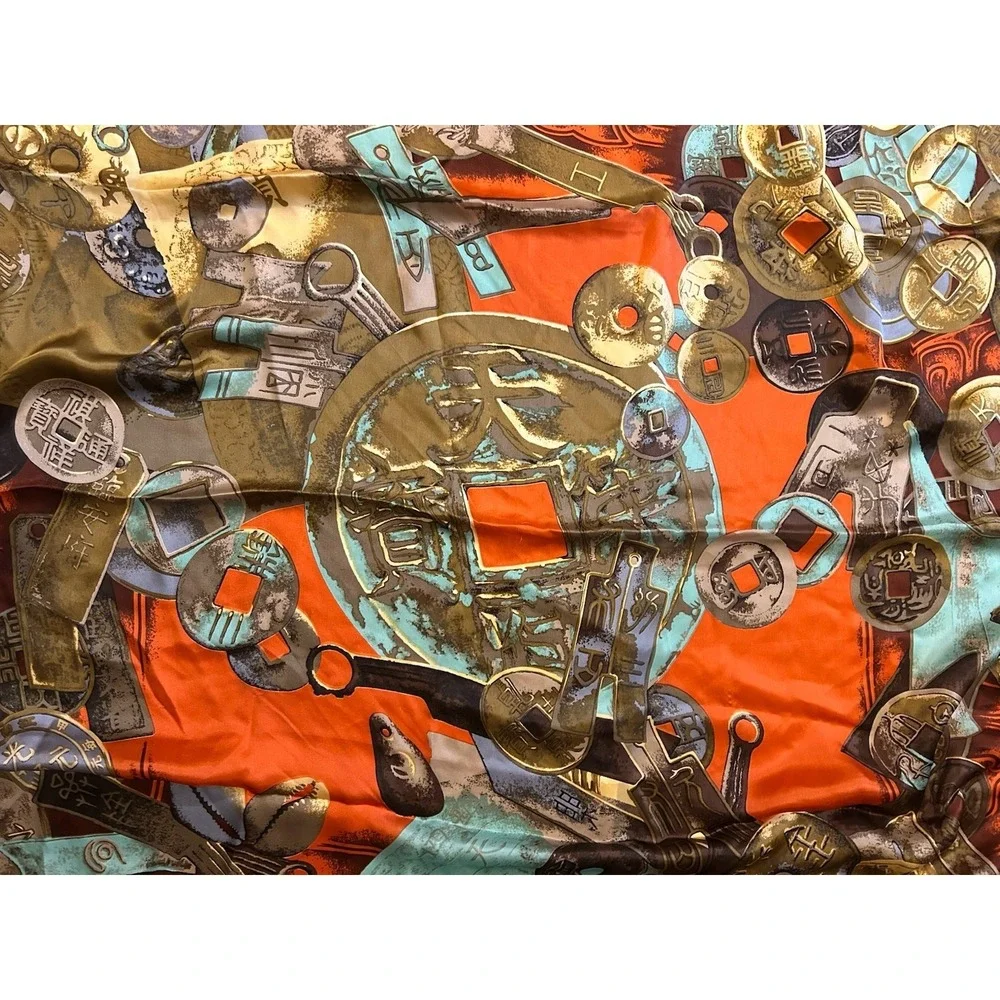 100% Silk Scarf Ancient Chinese Coin Print Square Hand Rolled
